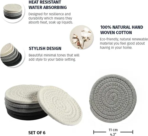 Vista 2 de OrganiHaus Juego de 6 posavasos de algodón absorbente, decoración rústica de estilo bohemio para mesa de café y protección de bebidas, posavasos