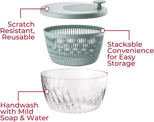 Vista 5 de GUZZINI Escurridor de ensalada de 10 pulgadas con tapa, verde líquen, lavado, centrifugado y secado de verduras, frutas, ensalada, drenaje