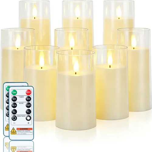 Vista 9 de Homemory juego de 9 velas parpadeantes sin llama, de color rojo navideño, velas LED acrílicas que funcionan con pilas, con control remoto