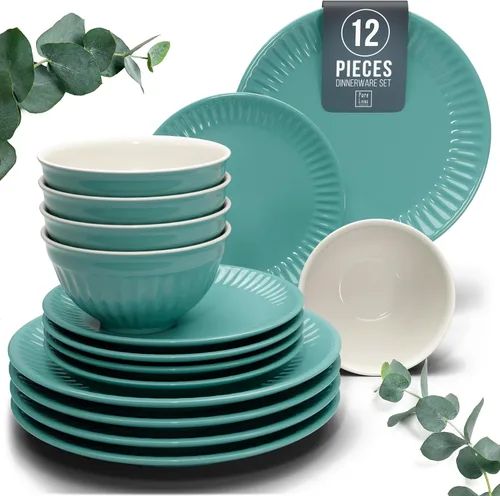Vista 51 de Juego de vajilla de gres para 4 personas 12 piezas – Juego de platos y cuencos negros mate – Apto para lavavajillas, microondas y resistente a