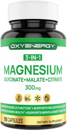 OXYENERGY Suplemento de complejo triple de magnesio, cápsulas de magnesio quelatado 3 en 1 de 300 mg con citrato de malato de glicinato por porción,