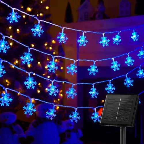 Vista 13 de Brightown Guirnalda de luces solares de copo de nieve de Navidad, paquete de 2 unidades, 100 luces LED de 78 pies para exteriores, impermeables