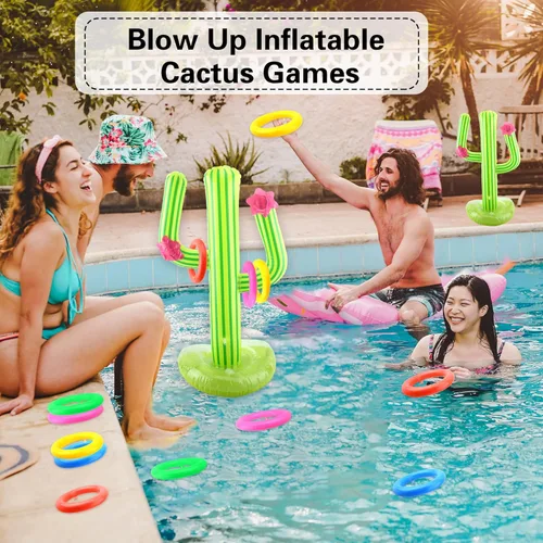 Vista 7 de 4 Set Inflatable Cactus Ring Toss Games Includes 4 Pcs 25 Inch Large Inflatable Cactus with 16 Pcs/ 20 Pcs Blow Up Ring Toss for Summer Pool Water