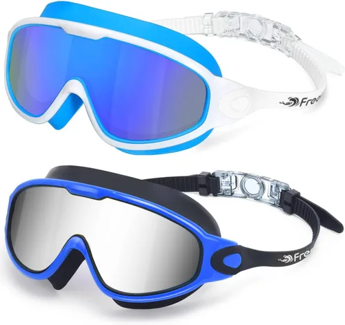 Freela 2 Pack Swim Goggles for Adult Men Women,180°Wide Vision Anti-fog UV Protection No Leak Clear Swimming Goggles