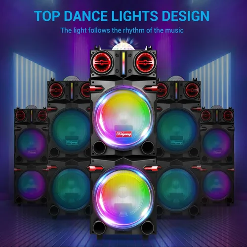 Vista 4 de Altavoz Bluetooth inalámbrico portátil para fiestas con subwoofer dual de 10 pulgadas, sistema PA recargable de 80 W con graves/agudos, micrófono