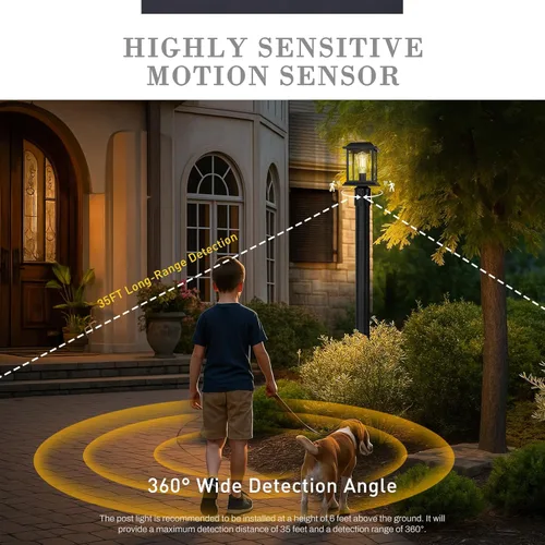 Vista 4 de zeyu Luz de poste con sensor exterior, lámpara de poste de lámpara para exteriores de 12.2 pulgadas, detección de 360°, 4 modos, aluminio fundido a