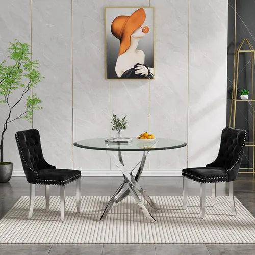 Vista 49 de Juego de mesa de comedor SSLine moderno de 3 piezas con mesa redonda de vidrio para 2, lujosa mesa de comedor circular de 36" con tapa de vidrio