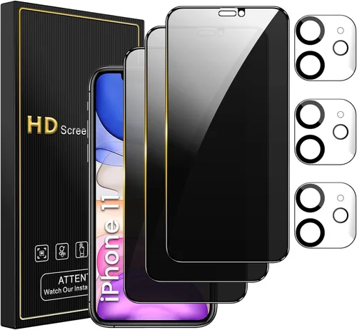 Romkasi Paquete de 3 protectores de pantalla de privacidad para iPhone 11 de 6.1 pulgadas con 3 protectores de lente de cámara, película de vidrio