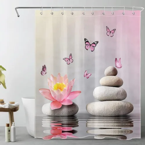 Water Lily and Zen Stone Shower Curtain Pink Butterfly and Floral on Water Nature Scenery Shower Curtain for Bathroom Spa Relaxation Fabric Bath