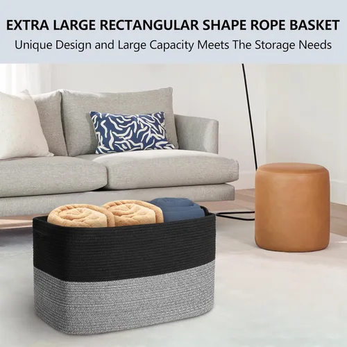 Vista 3 de MEGASKET Cestas de almacenamiento extra grandes, cestas negras de 22 x 17 x 12 pulgadas para organizar, cesta tejida rectangular para mantas