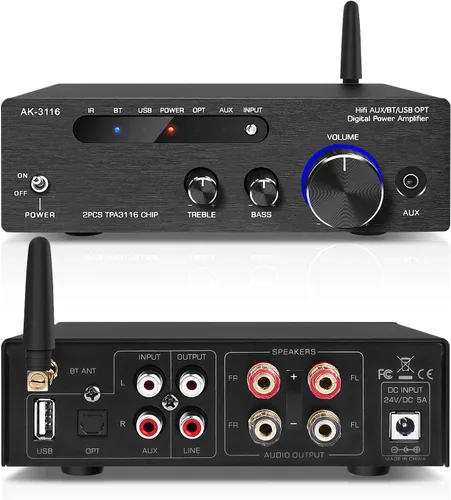 Vista 2 de Amplificador de audio para el hogar, receptor estéreo Bluetooth 5.0 amplificador de potencia 100 W x2 inalámbrico HiFi estéreo clase D digital 2