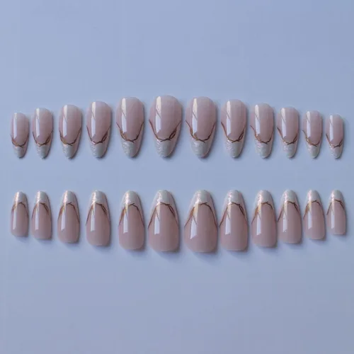 Vista 3 de MISUD Uñas a presión – Uñas con pegamento de almendras medianas con cromo, diseño de punta francesa acrílica, 24 piezas