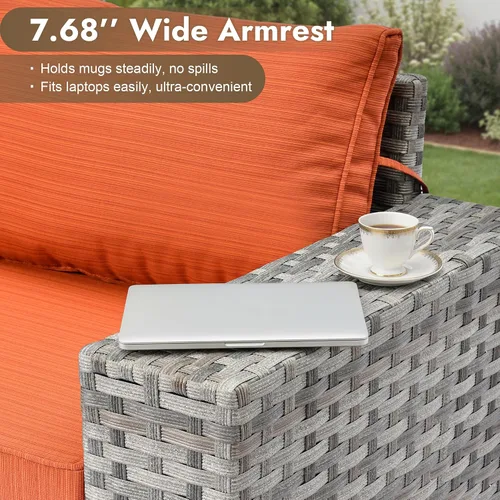 Vista 5 de Juego de muebles de patio de 6 piezas, sofá modular de mimbre para exteriores con mesa auxiliar, cómodos cojines, moderno sofá modular de ratán