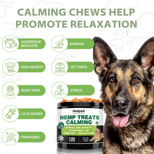 Vista 3 de Masticables calmantes de cáñamo para perros con ansiedad y estrés, alivio de la ansiedad del perro, separación, tormentas, ladridos, melatonina