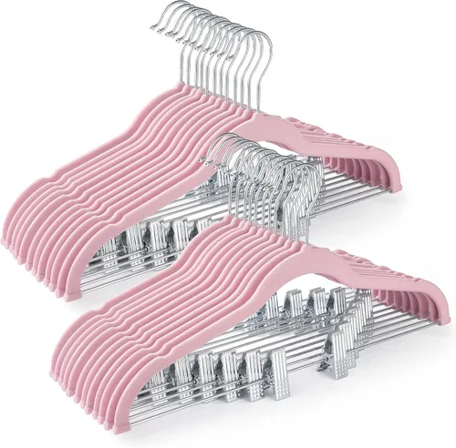 Vista 20 de HOUSE DAY - Perchas de terciopelo para faldas, paquete de 12, perchas beige para pantalones con clips ajustables, perchas delgadas que ahorran