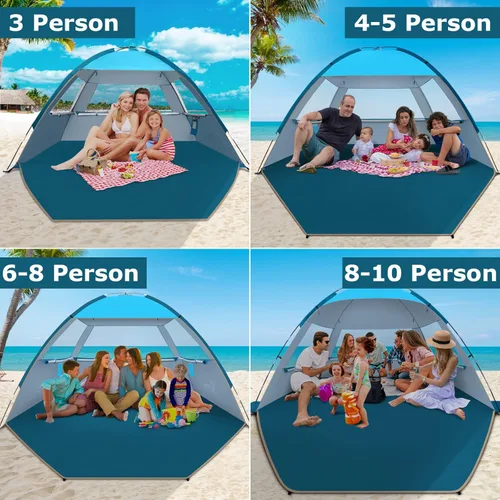 Vista 8 de COMMOUDS Carpa de Playa con Sombra Solar para 3/4-5/6-7/8-10 Personas, Refugio Solar de Playa con Toldo UPF 50+, Liviana, Fácil de Instalar