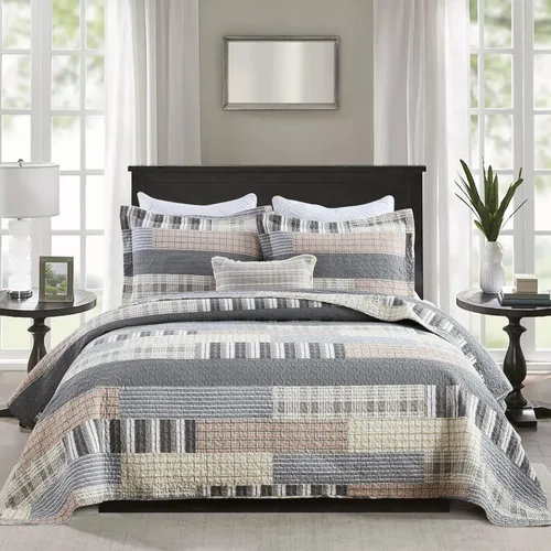 Vista 14 de PANGUSHAN - Juego de edredón tamaño Queen, 100% algodón, juego de ropa de cama, colcha reversible ligera de estilo granja con diseño de retazos, Azul