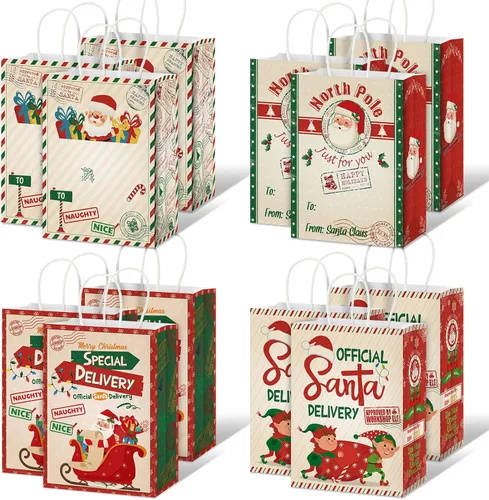 Zonon 24 bolsas de papel de estraza de papel de estraza para Navidad, bolsas de papel de Navidad rojas y verdes con asas, regalo de caramelos de