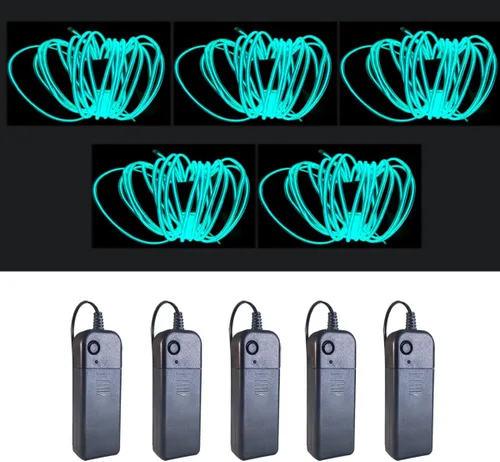 MaxLax EL Wire Azul Hielo Paquete de 5, Cable de Luz de Neón de 9 pies/2.75m con Reducción de Ruido y Paquete de Baterías..