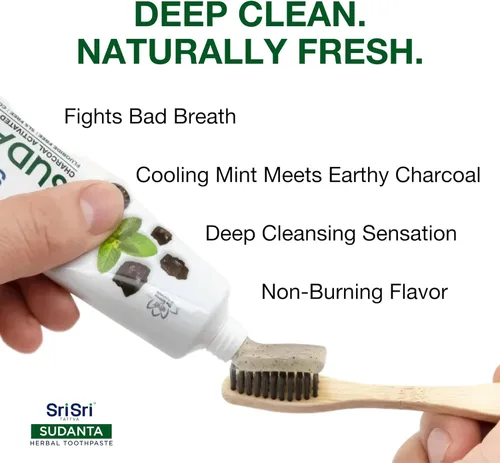 Vista 3 de Sri Sri Tattva Sudanta - Pasta de dientes de carbón - SLS, pasta de dientes herbales sin flúor con neem y hierbas ayurvédicas, blanqueamiento dental