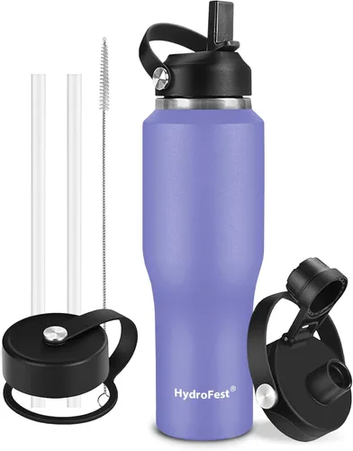 Vista 14 de Botella de agua de 32 onzas aislada con popote, botellas de agua a prueba de fugas, botella de agua para hombre, acero inoxidable para gimnasio