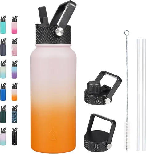 Vista 64 de BJPKPK - Botellas de agua aisladas con tapa de popote, botella de agua de acero inoxidable de 27 onzas con 3 tapas, termo de metal libre de BPA a