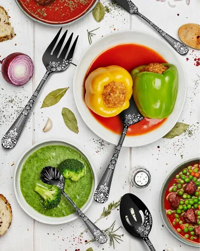 Vista 4 de EUIRIO Juego de 5 utensilios de servir, incluye cuchara grande para servir ranurada, tenedor, cuchara de azúcar y cuchillo de mantequilla, juego