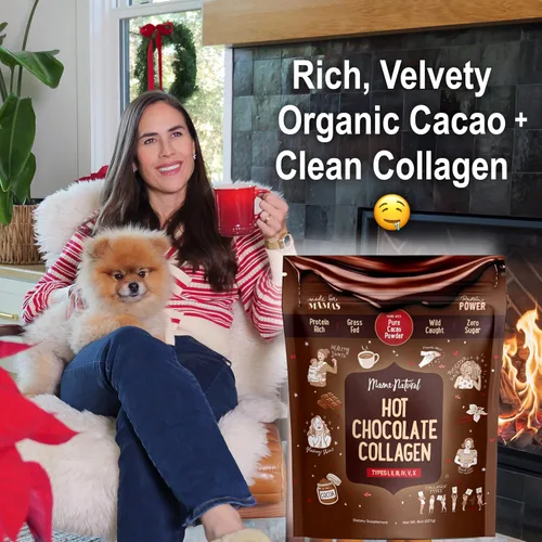 Vista 2 de Mama Natural Polvo de proteína de colágeno múltiple de chocolate caliente, hecho con cacao orgánico, tipos 1, 2, 3, 4, 5, 10 péptidos de colágeno