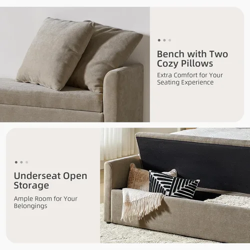Vista 5 de Banco otomano moderno de almacenamiento de 59.5 pulgadas, banco de extremo de cama con almohadas y brazos, taburete reposapiés para sala de estar