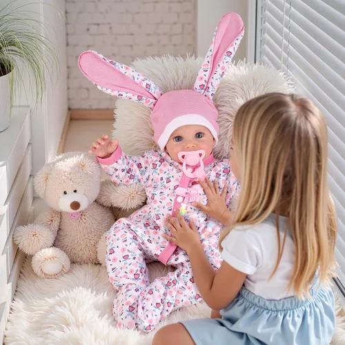 Vista 8 de BABESIDE 4 piezas de accesorios y ropa para muñecas de bebé Reborn de 17 a 20 pulgadas, juego de ropa de muñeca floral rosa con sombrero, chupete