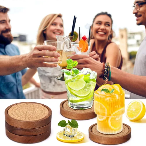 Vista 7 de Juego de 5 posavasos de madera absorbentes de 4 pulgadas, posavasos modernos de madera de acacia para bebidas, decoración de mesa auxiliar, granja