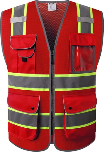 Vista 16 de JKSafety Chaleco de seguridad frontal con cremallera de alta visibilidad Clase 2 de 9 bolsillos con tiras reflectantes, cumple con las normas