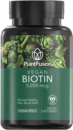 PlantFusion Biotina vegana de biotina vegana prémium para mujeres y hombres (5000 mcg), vitaminas naturales para la piel y las uñas, 120 cápsulas