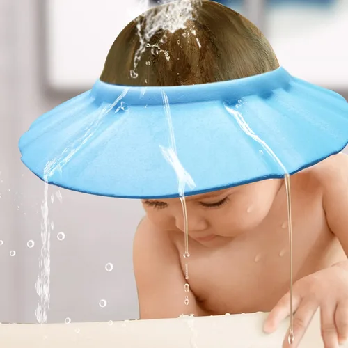 Vista 6 de Gorro de ducha suave y ajustable para bebé - Visera para la cabeza para lavar el cabello, protección para el baño - Gorro de baño para niños Azul