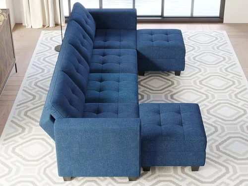 Vista 5 de Belffin Sofá modular modular en forma de U de almacenamiento reversible con tumbonas dobles, juego de sofá modular con tela otomana, color azul