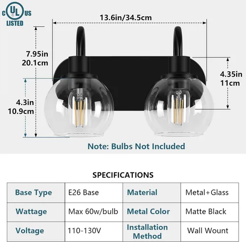 Vista 2 de Dpyrrhic Moderna lámpara de tocador de 2 luces, accesorio de iluminación de baño sobre espejo con pantalla de vidrio transparente y base de metal