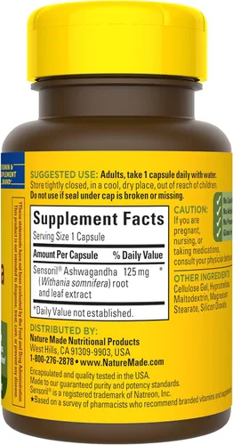 Vista 7 de Nature Made Ashwagandha 125 mg, suplemento dietético para apoyo al estrés, 60 cápsulas, suministro para 60 días