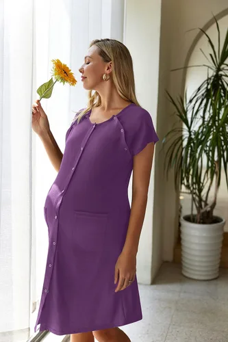 Vista 4 de Ekouaer Vestido de lactancia 3 en 1, camisón de maternidad, parto y lactancia materna con botón