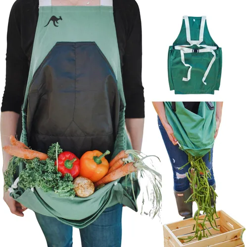 Vista 9 de Roo - Delantal de jardinería con bolsillos y cosecha, bolsa de recogida, ajustable, resistente al agua, lavable, lona de algodón