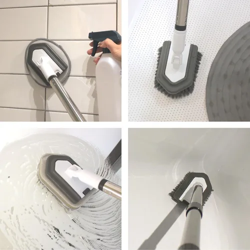 Vista 3 de Cepillo de limpieza de piso, limpiador de azulejos 5 en 1 con mango largo ajustable de 56 pulgadas y 5 cabezales de limpieza antiarañazos para baño