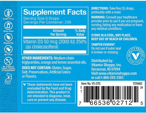 Vista 2 de The Vitamin Shoppe Vitamina líquida D3 2000IU Apoya la salud ósea e inmune Ayuda en el crecimiento celular saludable y absorción de calcio, 1