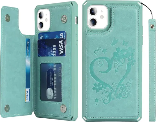 Vista 15 de iCoverCase Funda compatible con iPhone 11 con tarjetero para mujer, bloqueo RFID en relieve, piel sintética con correa de muñeca de 6.1 pulgadas