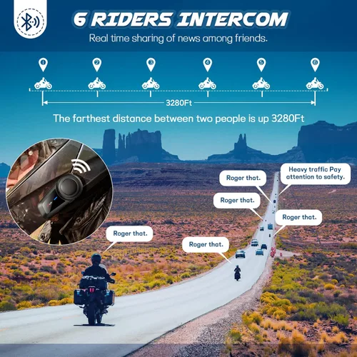 Vista 3 de MAXTO Auriculares Bluetooth M2 para motocicleta, casco de motocicleta Bluetooth 5.0, 6 vías 3280 pies, sistema de comunicación de intercomunicación