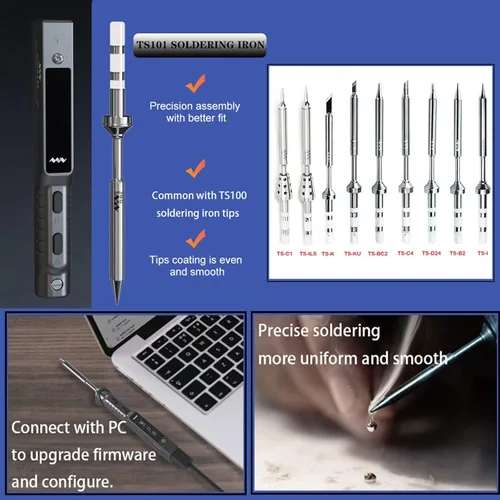 Vista 6 de TOOLSAGE TS101 Soldador TS100 actualizado 90W PD 65W DC de tamaño bolsillo inteligente programable estación de hierro de soldadura kit con puntas