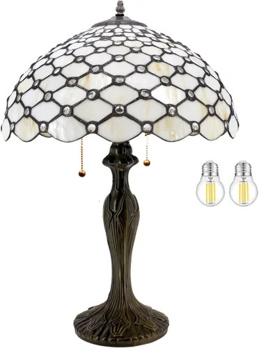 WERFACTORY Tiffany Table Lamp Stained Glass Bedside Lamp 16X16X24 Inches Cream Pearl Bead Desk Reading Light Metal Base Decor Bedroom Living Room