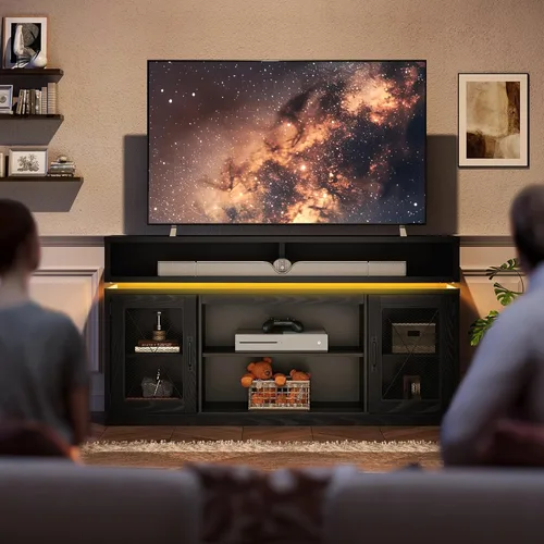 Vista 9 de WLIVE Soporte de TV de granja para TV de 65 pulgadas, centro de entretenimiento alto con armarios de almacenamiento, mueble de TV con consola