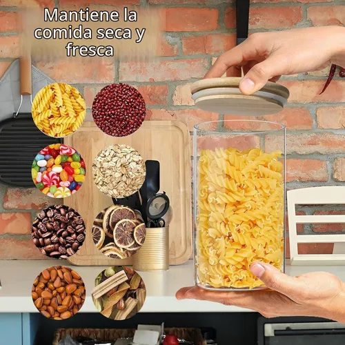 Vista 5 de Envases de almacenamiento de vidrio con tapas, tarro de almacenamiento de alimentos transparente con tapa de bambú sellada para fideos, harina