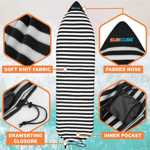 Vista 2 de SUN CUBE Funda para calcetín para tabla de surf, bolsa protectora para tabla de surf, ligera, elástica, para longboard, híbrido, tabla corta
