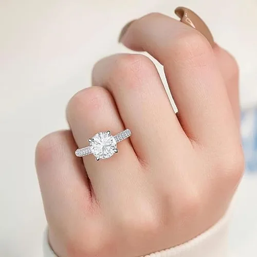 Vista 7 de Anillo de compromiso de diamante de moissanita de cuatro puntas de corte redondo blanco certificado de 2.73 quilates en oro rosa amarillo blanco