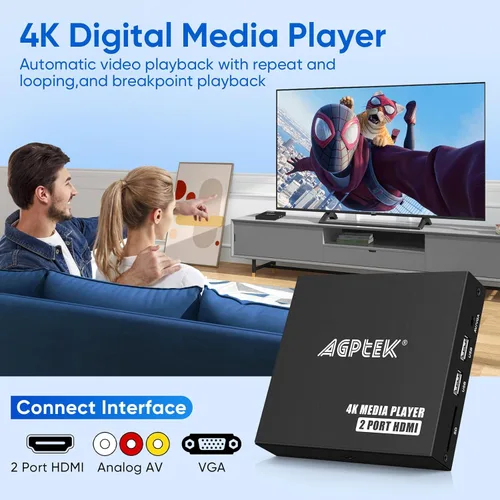 Vista 2 de 4K@30Hz Media Player with Dual HDMI, AV/VGA Output, 4K HDMI Splitter, Digital MP4 Player for 14TB HDD/512G USB/256G SD Card/H.265 MP4, Remote